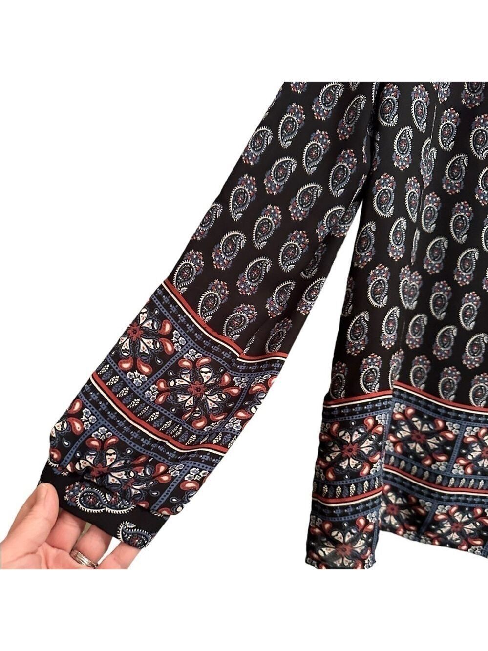 Lush Paisley Summer Sheer Blouse Womens Medium Black, Blue, Red Long Sleeves - Picture 11 of 16